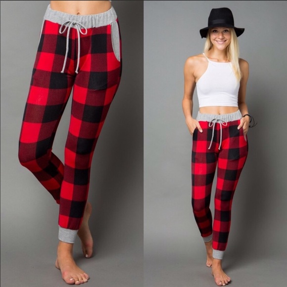 Pants - Plaid buffalo plaid checkered joggers pants red